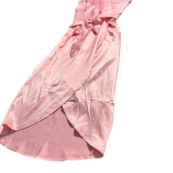 Women's Pink One Shoulder Midi High Low Breezy Unlined Bridesmaid Dress - Picture 4 of 9